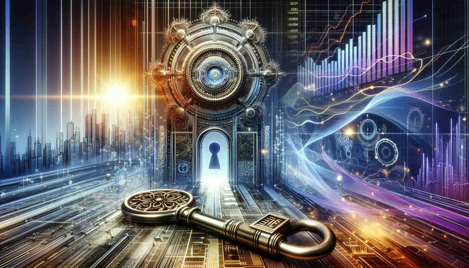 A visually stunning, high-definition image depicting the abstract concept of revolutionizing investment strategies for the future of finance. A large intricate key is poised beside a futuristic lock mechanism, symbolizing 'unlocking'. In the background, charts, graphs and statistical data form a dynamic skyline, embodying the .INX Index. The overall picture is bathed in sunlight, suggesting a positive and bright future.